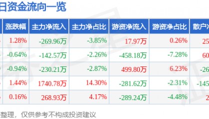 股票行情快报:泰山石油(000554)5月14日主力资金净卖出269.96万元
