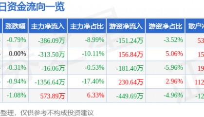 股票行情快报:大连热电(600719)9月2日主力资金净卖出386.09万元