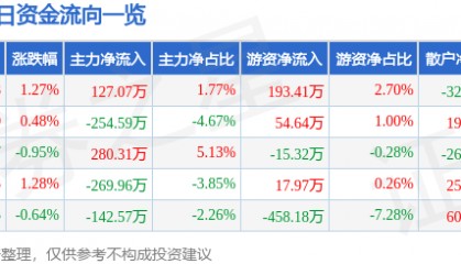 股票行情快报：泰山石油（000554）5月19日主力资金净买入127.07万元