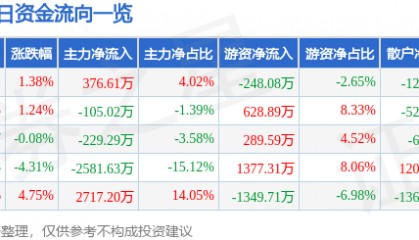 股票行情快报：安洁科技（002635）6月5日主力资金净买入376.61万元