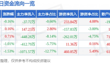 股票行情快报：安洁科技（002635）5月28日主力资金净卖出37.72万元