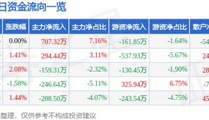 股票行情快报：泰山石油（000554）6月10日主力资金净买入707.32万元