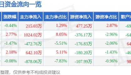 股票行情快报：安洁科技（002635）5月13日主力资金净买入215.03万元