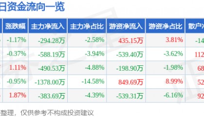 股票行情快报：安洁科技（002635）7月23日主力资金净卖出294.28万元