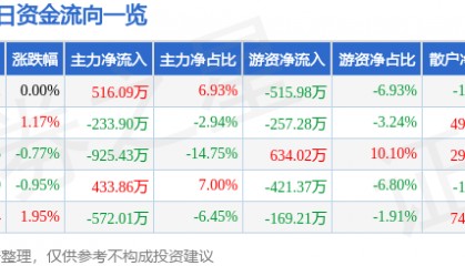 股票行情快报：森源电气（002358）9月17日主力资金净买入516.09万元