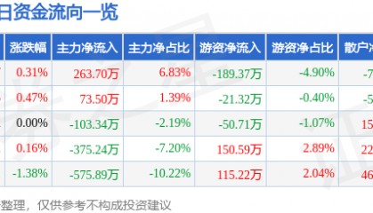 股票行情快报:大连热电(600719)8月20日主力资金净买入263.70万元