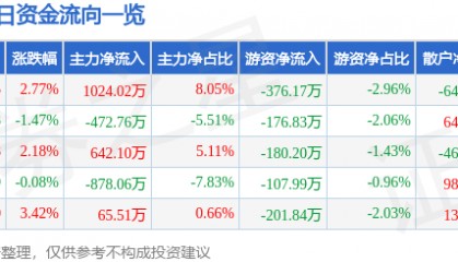 股票行情快报：安洁科技（002635）5月12日主力资金净买入1024.02万元