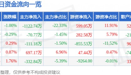 股票行情快报：新农开发（600359）10月16日主力资金净卖出1122.74万元