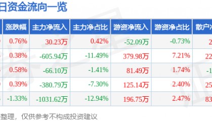 股票行情快报：森源电气（002358）8月6日主力资金净买入30.23万元
