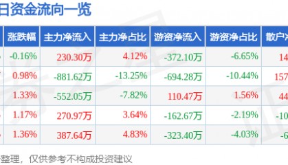 股票行情快报：泰山石油（000554）4月23日主力资金净买入230.30万元