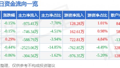 股票行情快报：泰山石油（000554）7月10日主力资金净卖出975.41万元