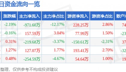 股票行情快报：泰山石油（000554）5月22日主力资金净卖出971.60万元