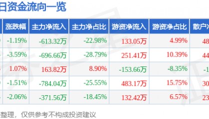股票行情快报:金科环境(688466)9月23日主力资金净卖出613.32万元