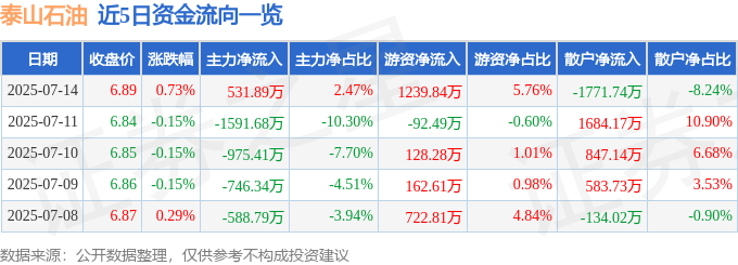 股票行情快报：泰山石油（000554）7月14日主力资金净买入531.89万元