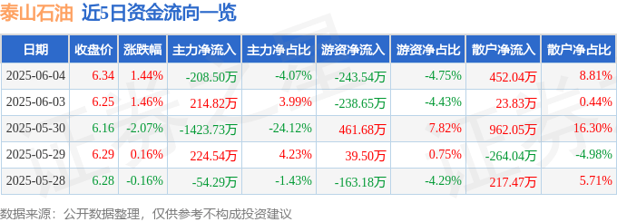 股票行情快报：泰山石油（000554）6月4日主力资金净卖出208.50万元