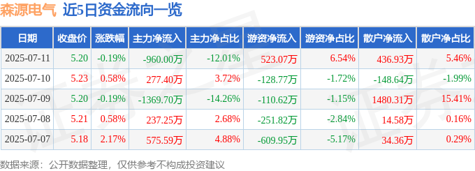 股票行情快报：森源电气（002358）7月11日主力资金净卖出960.00万元