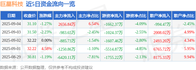 股票行情快报:巨星科技(002444)9月4日主力资金净买入2656.84万元