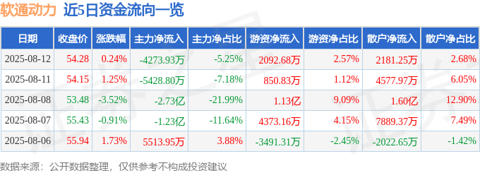 股票行情快报：软通动力（301236）8月12日主力资金净卖出4273.93万元