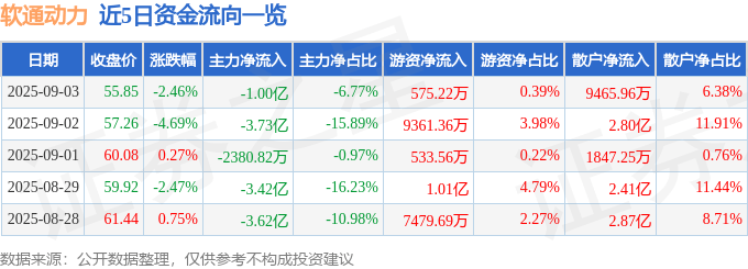 股票行情快报:软通动力(301236)9月3日主力资金净卖出1.00亿元